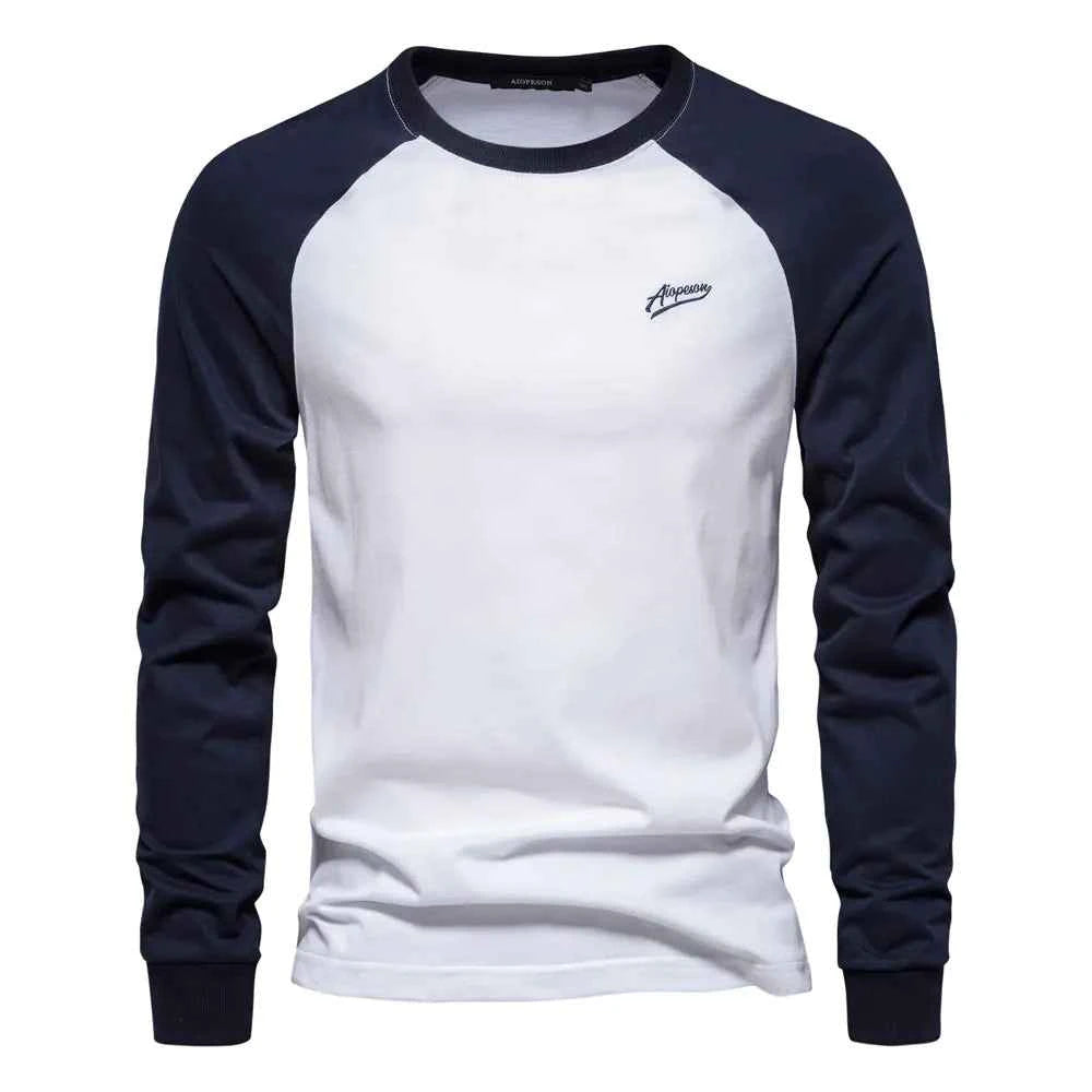 Men's cotton long sleeve color block T-shirt by Mead's Supply & Equipment Outfitters, casual style in khaki and contrasting colors.