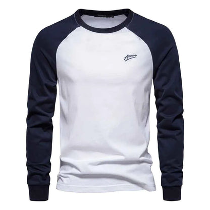 Men's cotton long sleeve color block T-shirt by Mead's Supply & Equipment Outfitters, casual style in khaki and contrasting colors.
