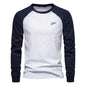 Men's cotton long sleeve color block T-shirt by Mead's Supply & Equipment Outfitters, casual style in khaki and contrasting colors.