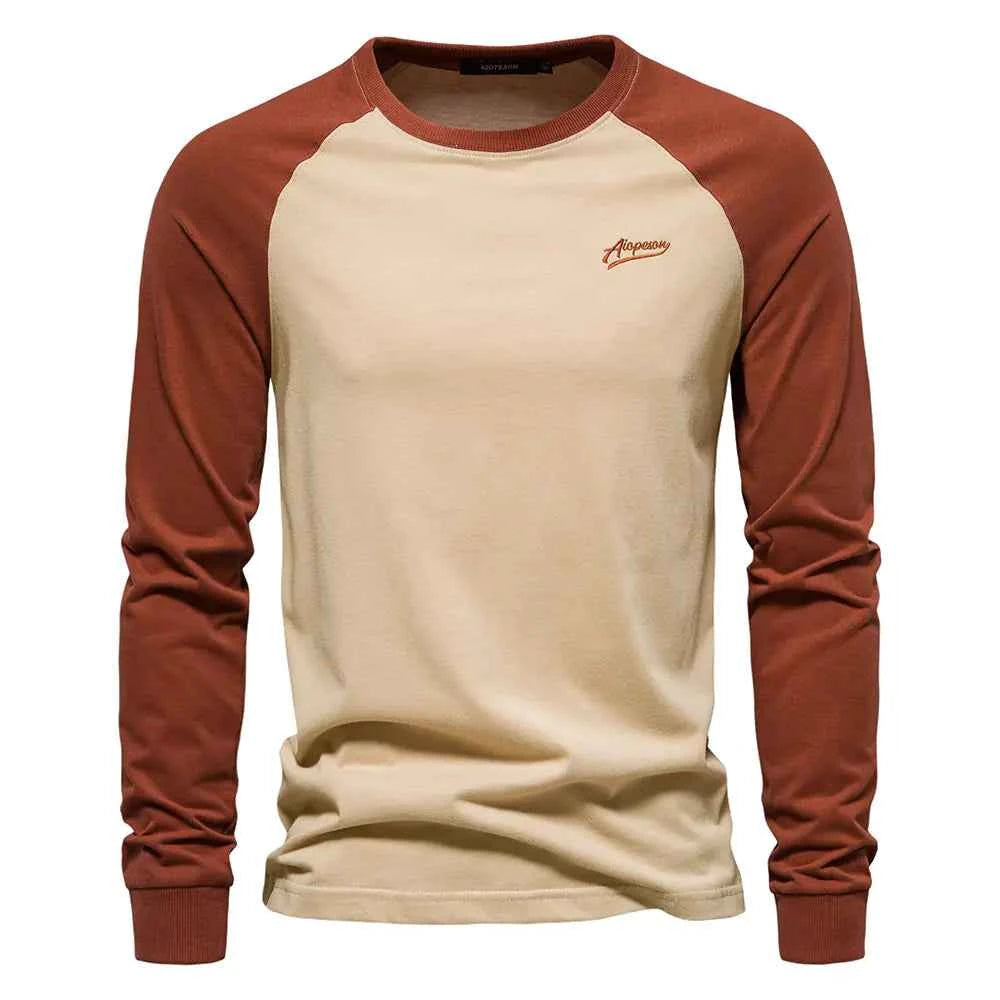 Men's cotton long sleeve color block T-shirt in khaki, featuring casual style and comfortable fit from Mead's Supply & Equipment Outfitters.