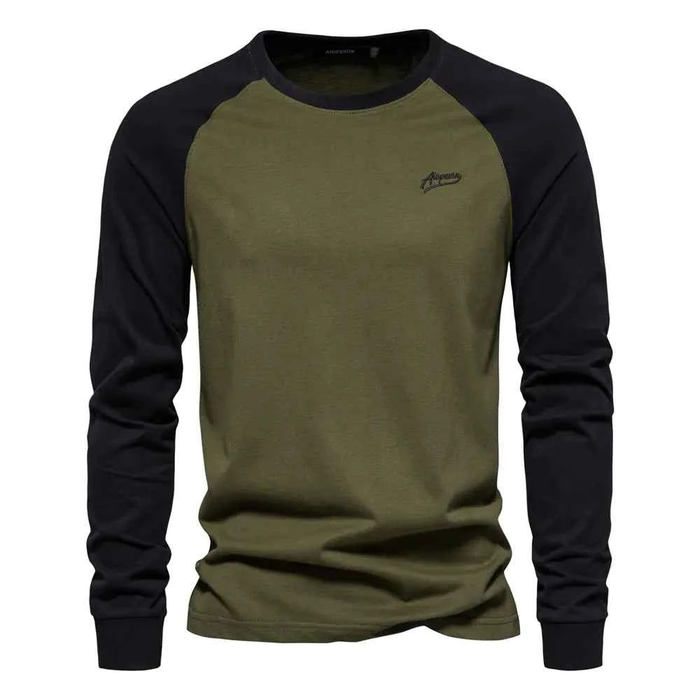 Men's cotton long sleeve color block T-shirt in khaki, casual style, from Mead's Supply & Equipment Outfitters Limited.