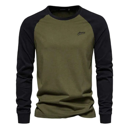 Men's cotton long sleeve color block T-shirt in khaki, casual style, by Mead's Supply & Equipment Outfitters Limited.