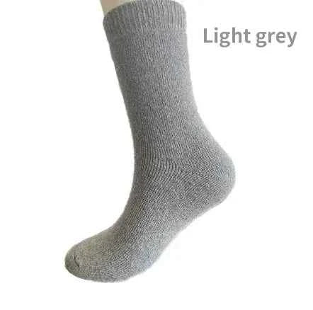 Light grey men's wool socks by Mead's Supply & Equipment, thickened plush terry, antibacterial winter socks for warmth and comfort.