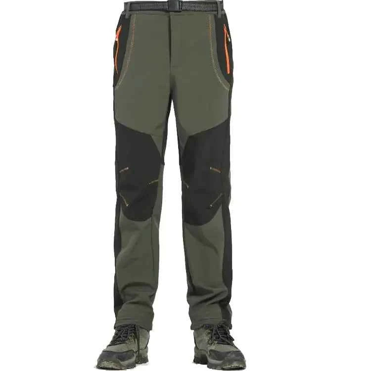 Army green unisex outdoor hiking pants by Mead's Supply & Equipment Outfitters, made of cotton with multiple pockets, suitable for men and women.