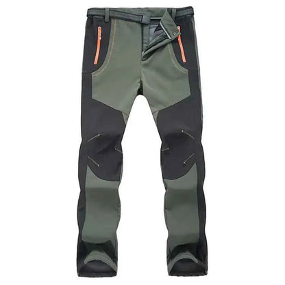 Army green unisex outdoor hiking pants by Mead's Supply & Equipment Outfitters, made of cotton with multiple pockets for trekking.