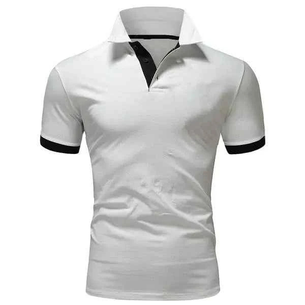 Men's white casual cotton polo shirt by Mead's Supply & Equipment Outfitters, slim fit, short sleeve, suitable for meetings and events