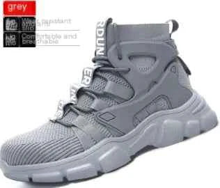 Men's high-top safety shoes by Mead's Supply with steel toe, ankle support, and durable black work boots for safety and protection.