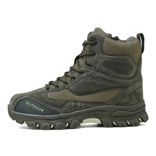 Men's high-top outdoor hiking shoes in army green by Mead's Supply & Equipment Outfitters, showing rugged footwear with laces and durable sole.