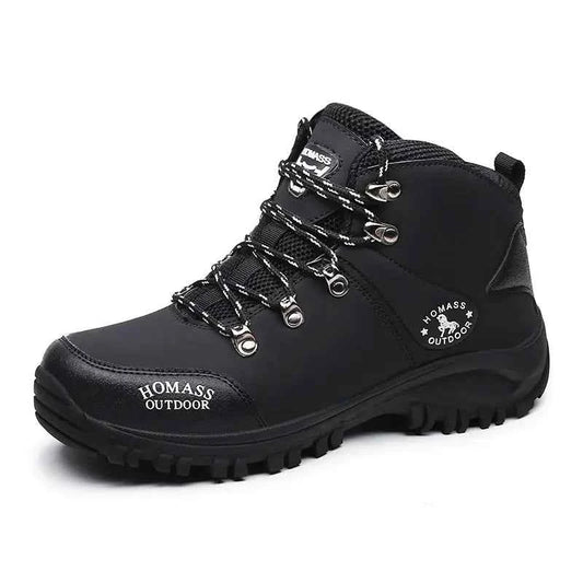 Men's high-top outdoor hiking shoes by Mead's Supply & Equipment, waterproof trail boots in black for all-terrain hiking.