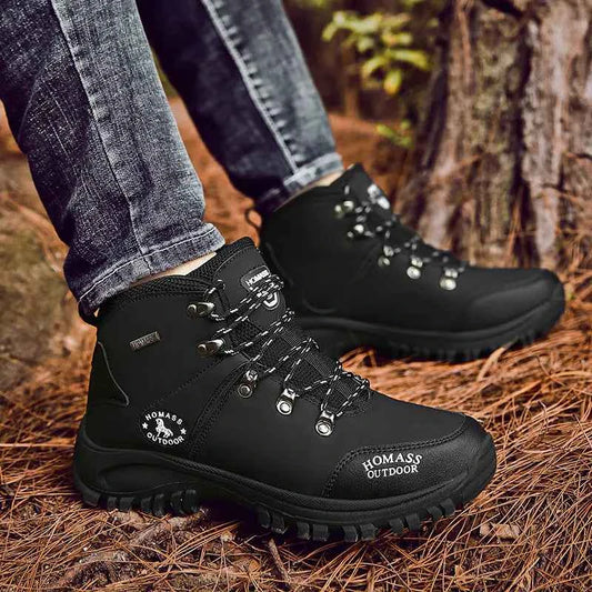 Black men's high-top outdoor hiking shoes by Mead's Supply & Equipment Outfitters, waterproof trail boots for all-terrain hiking.