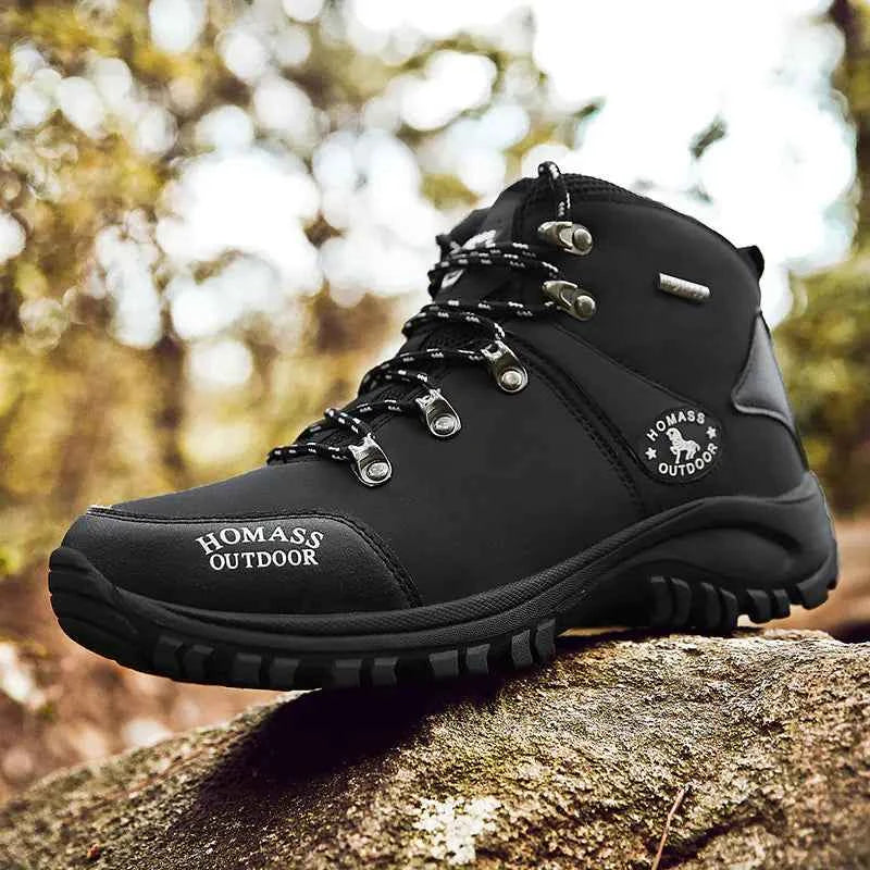 Men's high-top outdoor hiking shoes by Mead's Supply & Equipment, waterproof trail boots in black for all-terrain hiking.