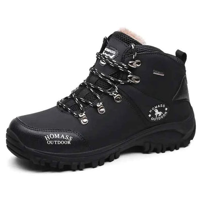 Men's high-top outdoor hiking shoes by Mead's Supply & Equipment, waterproof trail boots in black for all-terrain adventures.