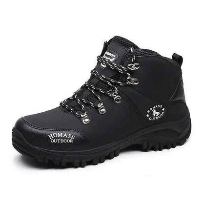 Men's high-top outdoor hiking shoes by Mead's Supply & Equipment Outfitters, waterproof trail boots in black for all-terrain hiking.