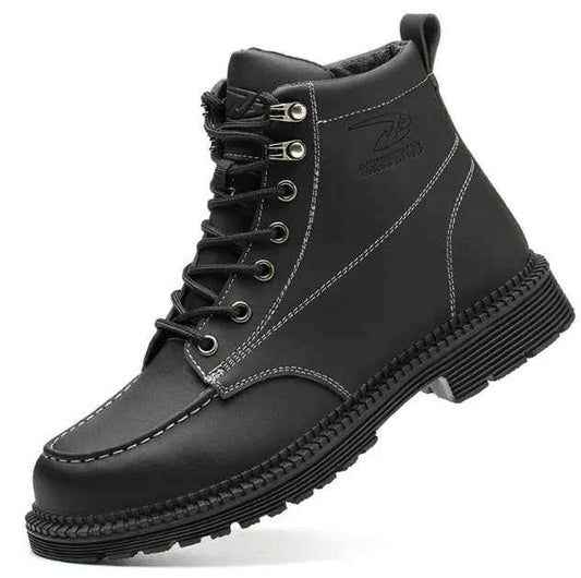 Black men's safety shoes with steel toe, anti-smash and puncture-resistant features, designed for work and safety.