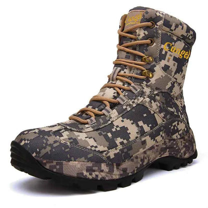 Men's off-road hiking boots by Mead's Supply & Equipment Outfitters, durable camouflage tactical outdoor footwear with rugged design.