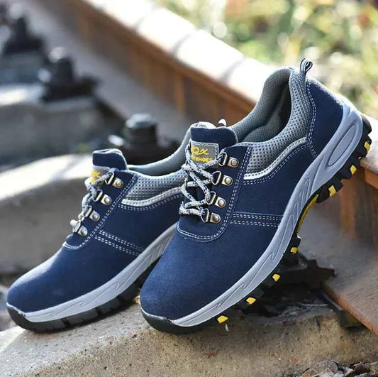 Men's lightweight breathable steel toe safety work shoes by Mead's Supply & Equipment Outfitters in blue, designed for protective footwear.