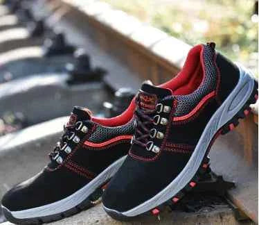 Men's lightweight breathable steel toe safety work shoes in blue by Mead's Supply & Equipment Outfitters, designed for protective footwear.
