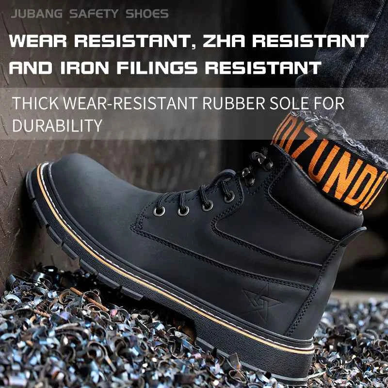Men's waterproof steel-toe winter plush safety boots in blue, designed for durability and warmth in harsh conditions.