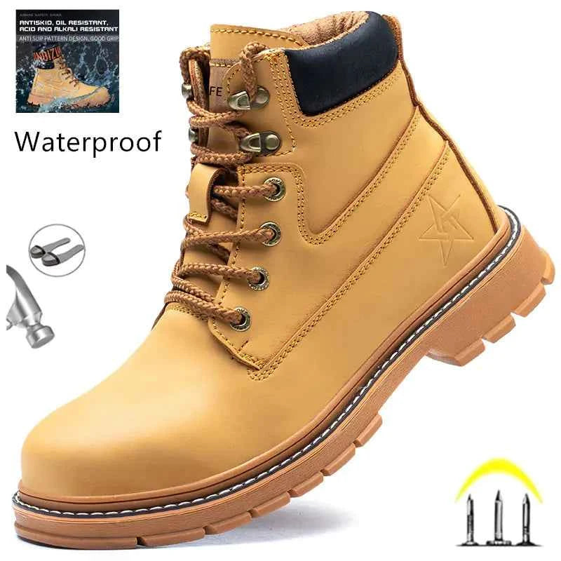 Men's waterproof steel-toe winter plush safety boots in blue with sturdy soles and padded interior, designed for rugged work conditions.