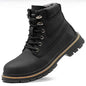 Men's waterproof steel-toe winter plush safety boots in blue, rugged men's footwear designed for cold weather and safety.