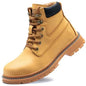 Men's waterproof steel-toe winter plush safety boots by Mead's Supply & Equipment Outfitters, featuring blue waterproof leather and rugged soles.