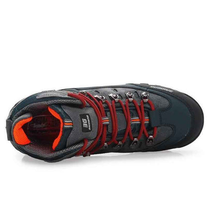 Men's waterproof hiking shoes by Mead's Supply & Equipment Outfitters, blue lightweight trail footwear with durable rubber soles.
