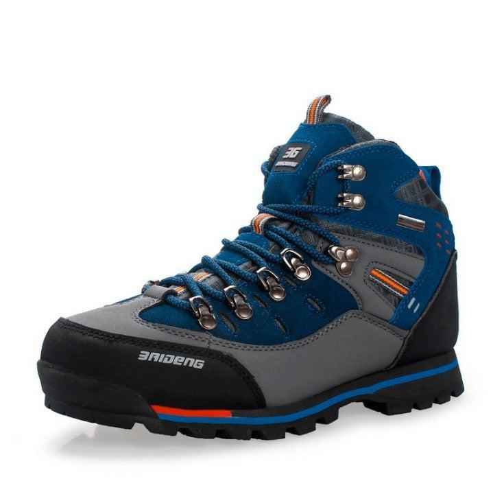 Men's waterproof hiking shoes by Mead's Supply & Equipment Outfitters, lightweight trail footwear with durable rubber soles, blue color.