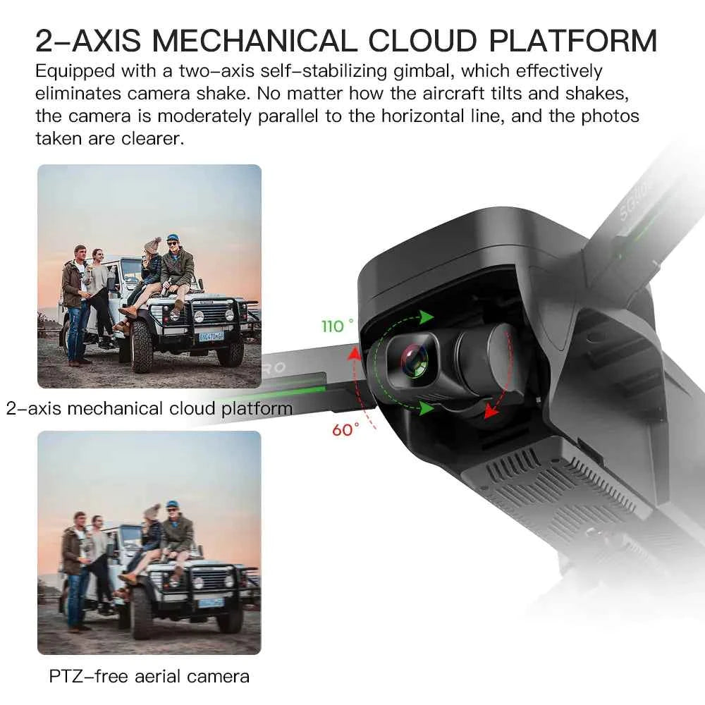 Mead's Supply SG906 PRO foldable GPS drone with 4K gimbal camera, laser obstacle avoidance, and storage bag in outdoor electronics setting.
