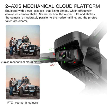 Mead's Supply SG906 PRO foldable GPS drone with 4K gimbal camera, laser obstacle avoidance, and storage bag in outdoor electronics setting.