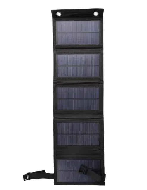 Black five-fold portable solar panel for outdoor travel by Mead's Supply & Equipment Outfitters, compact 20W outdoor power charger