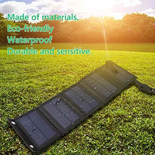Black five-fold 20W foldable solar panel by Mead's Supply & Equipment Outfitters for outdoor travel and portable power charging.