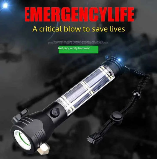 Black solar USB rechargeable LED flashlight by Mead's Supply & Equipment Outfitters, high-intensity outdoor light with dual charging.