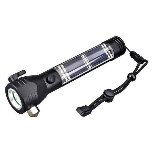 Mead's Supply & Equipment Outfitters high-intensity black solar USB rechargeable LED flashlight for outdoor use with dual charging.