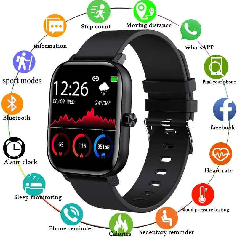 Black unisex waterproof smart watch by Mead's Supply & Equipment Outfitters with Bluetooth fitness tracking and health monitoring features.