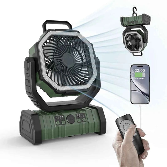 Mead's Supply outdoor camping fan with power bank, LED light, army green color, portable 3-speed outdoor electronics.