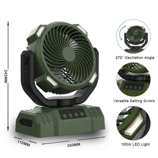 Outdoor camping fan with power bank and LED light, portable 3-speed fan in army green by Mead's Supply & Equipment Outfitters