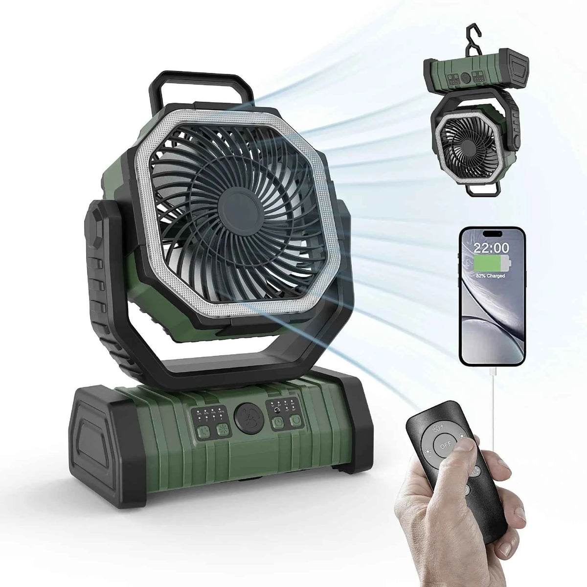 Outdoor camping fan by Mead's Supply with LED light and power bank in army green, portable 3-speed fan for outdoor electronics.