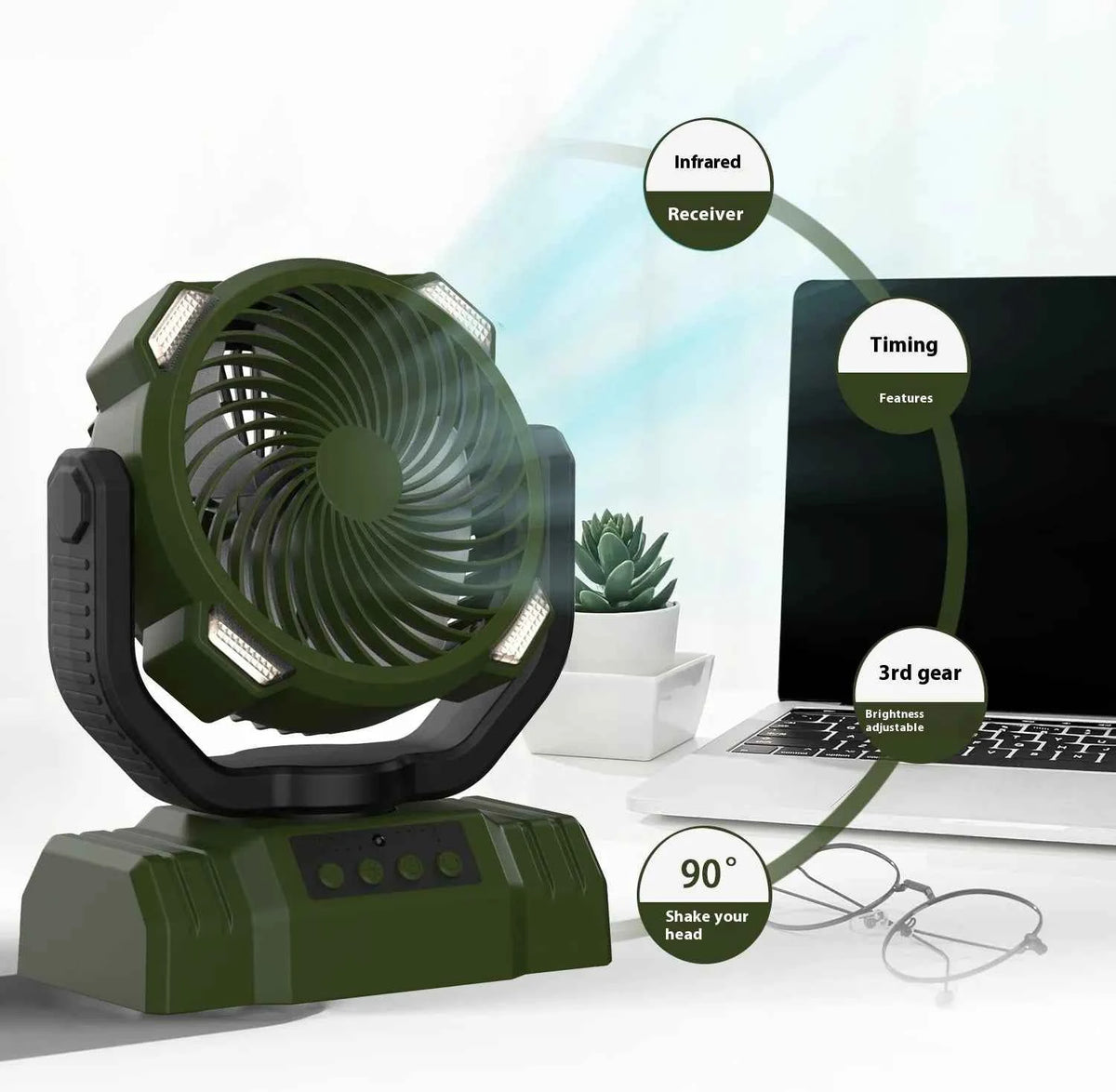 Outdoor camping fan by Mead's Supply & Equipment Outfitters in army green with power bank, LED light, and three-speed settings.