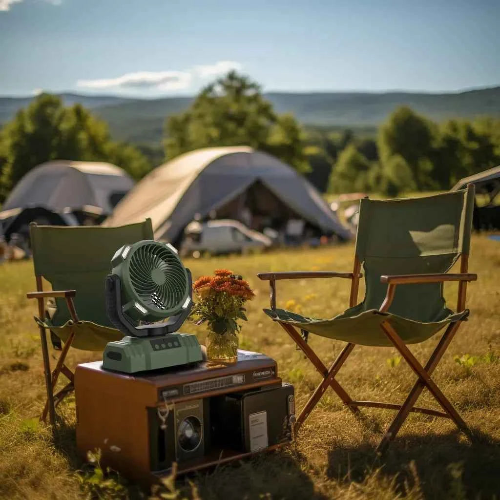 Outdoor camping fan by Mead's Supply in army green with power bank, LED light, and 3-speed portable fan for outdoor electronics.