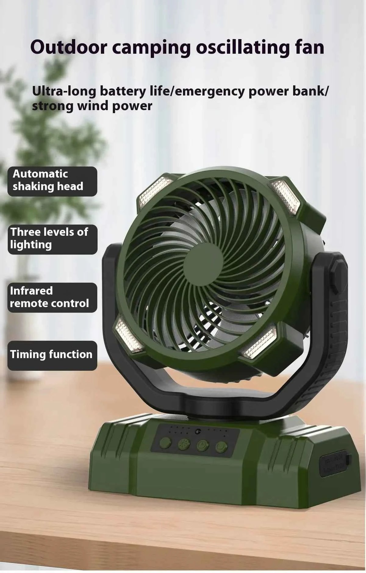 Outdoor camping fan with power bank and LED light by Mead's Supply & Equipment Outfitters in army green, portable with 3-speed settings.