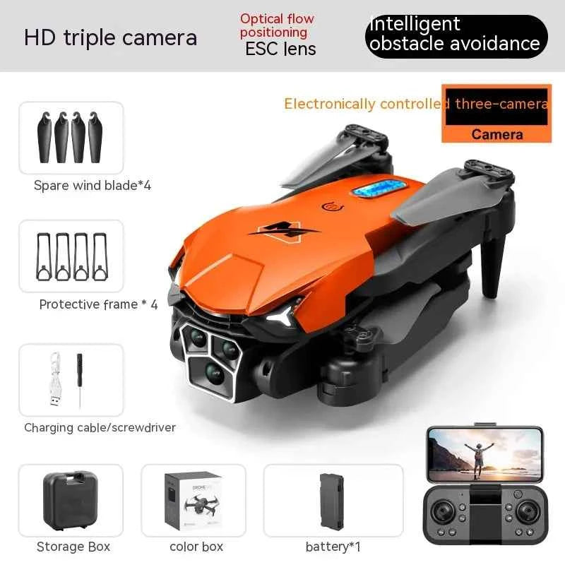 Orange and black UAV Three Camera HD drone with optical flow positioning and obstacle avoidance, outdoor electronics from Mead's Supply.