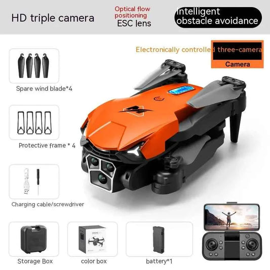 Orange and black UAV Three Camera HD drone with optical flow positioning and obstacle avoidance, outdoor electronics from Mead's Supply.