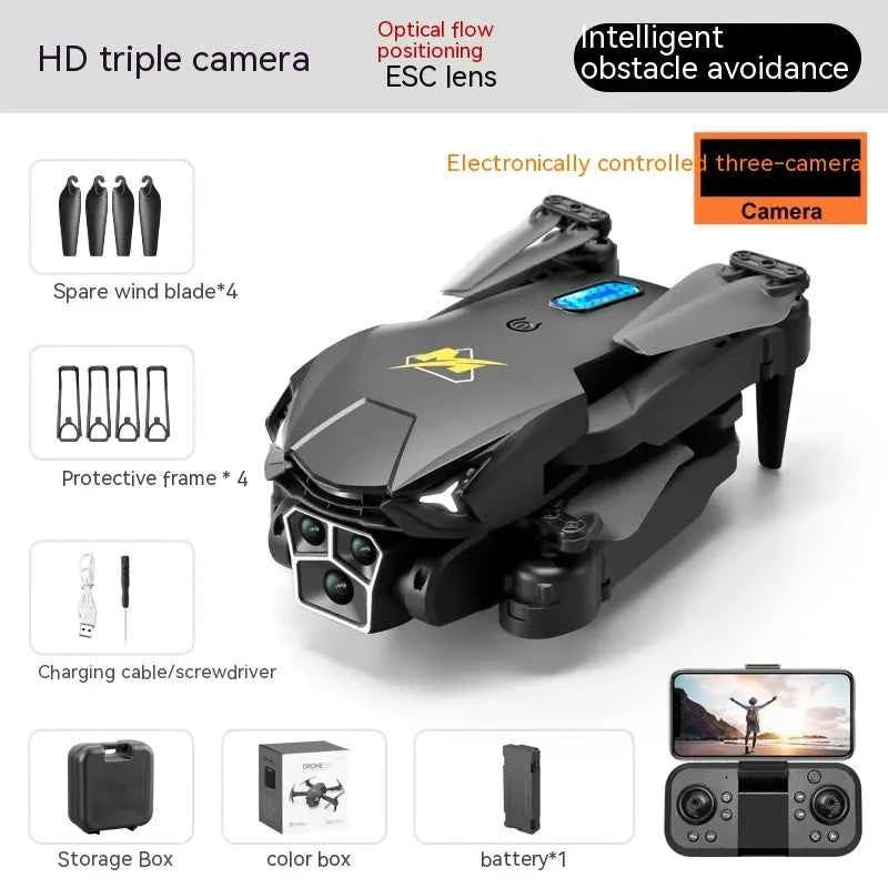 Orange and black UAV three-camera HD drone with optical flow positioning and obstacle avoidance, outdoor electronic equipment from Mead's Supply.