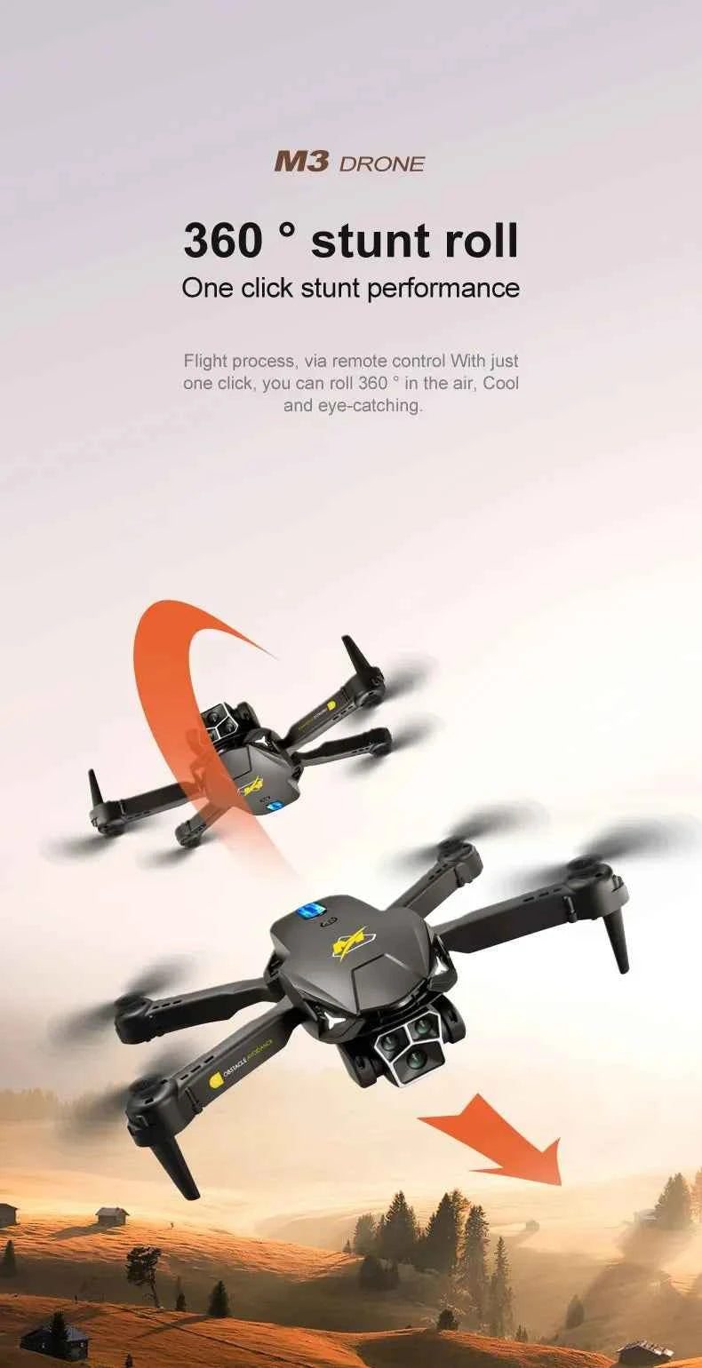 Orange and black UAV three-camera HD drone with optical flow positioning and obstacle avoidance, outdoor electronics by Mead's Supply.