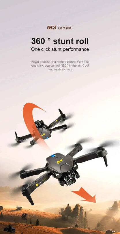 Orange and black UAV three-camera HD drone with optical flow positioning and obstacle avoidance, outdoor electronics by Mead's Supply.