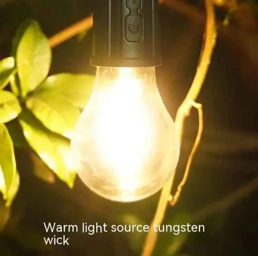 Portable camping LED lamp with rechargeable battery and magnetic base, ideal for outdoor use and camping adventures.