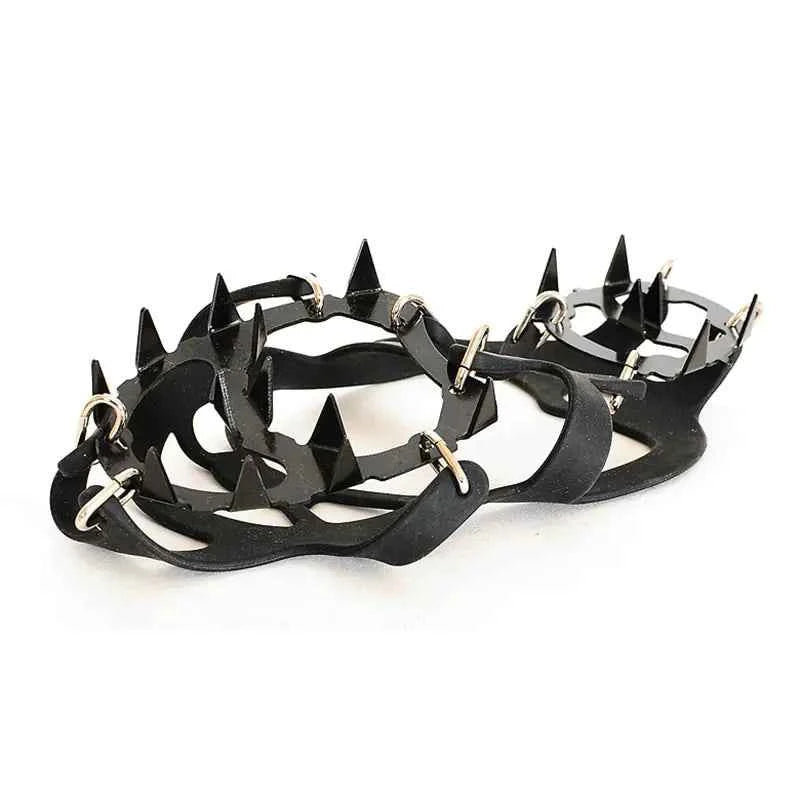 Mead's Supply & Equipment Outfitters 18-tooth stainless steel ice crampons for climbing with silicone anti-slip traction, size M-L.