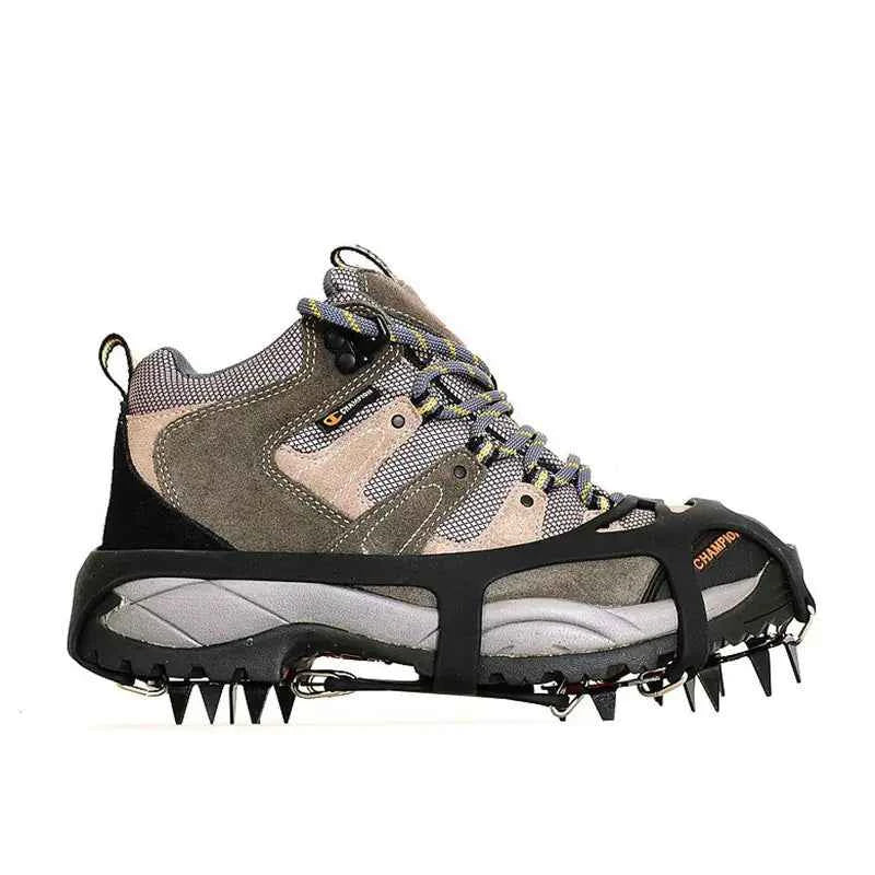 18-tooth stainless steel ice crampons for climbing with silicone anti-slip traction, designed for outdoor use by Mead's Supply & Equipment.
