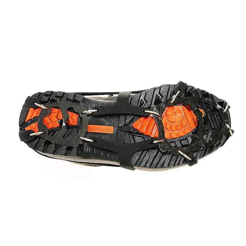 Mead's Supply 18-Tooth stainless steel ice crampons for climbing with silicone anti-slip traction, in black, size M & L.