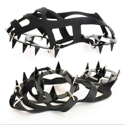 Mead's Supply & Equipment Outfitters 18-tooth stainless steel ice crampons for climbing with silicone anti-slip traction, size M/L.